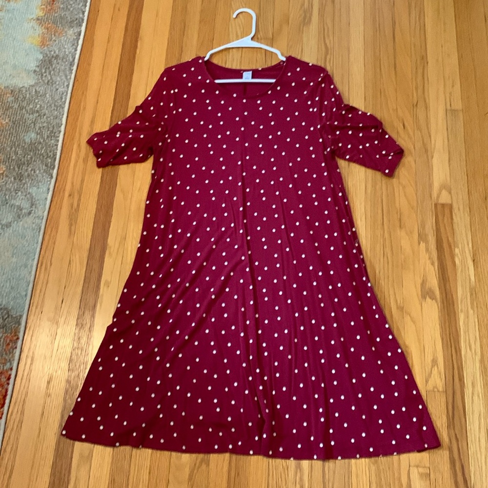 Short sleeve, dark red polkadot swing dress size large